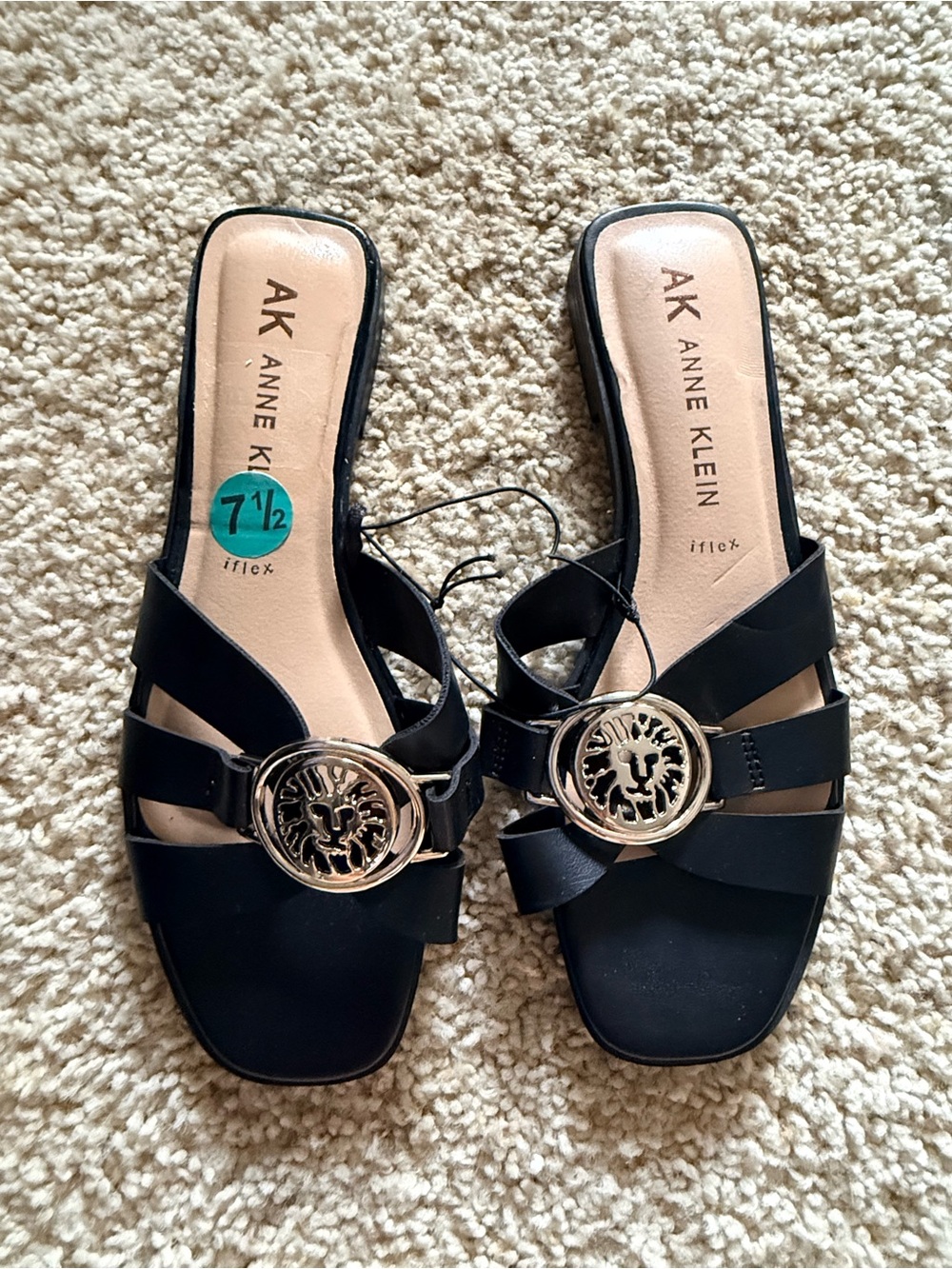 AK Anne Klein Black Slide Sandals with Decorative Medallion NEW